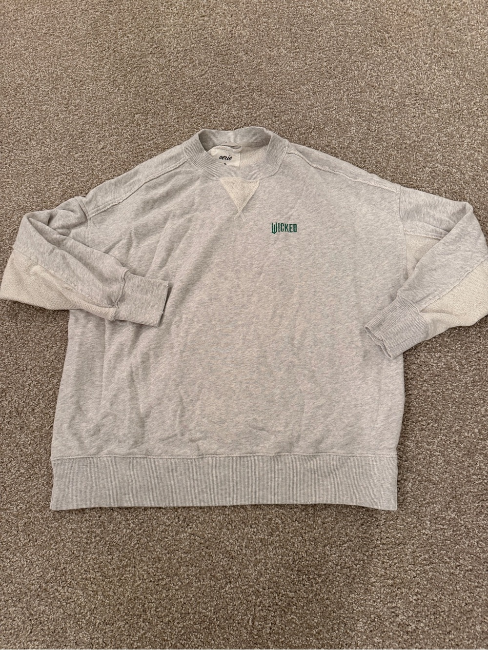 aerie Light Gray Crewneck with Green 'Wicked' Chest Logo